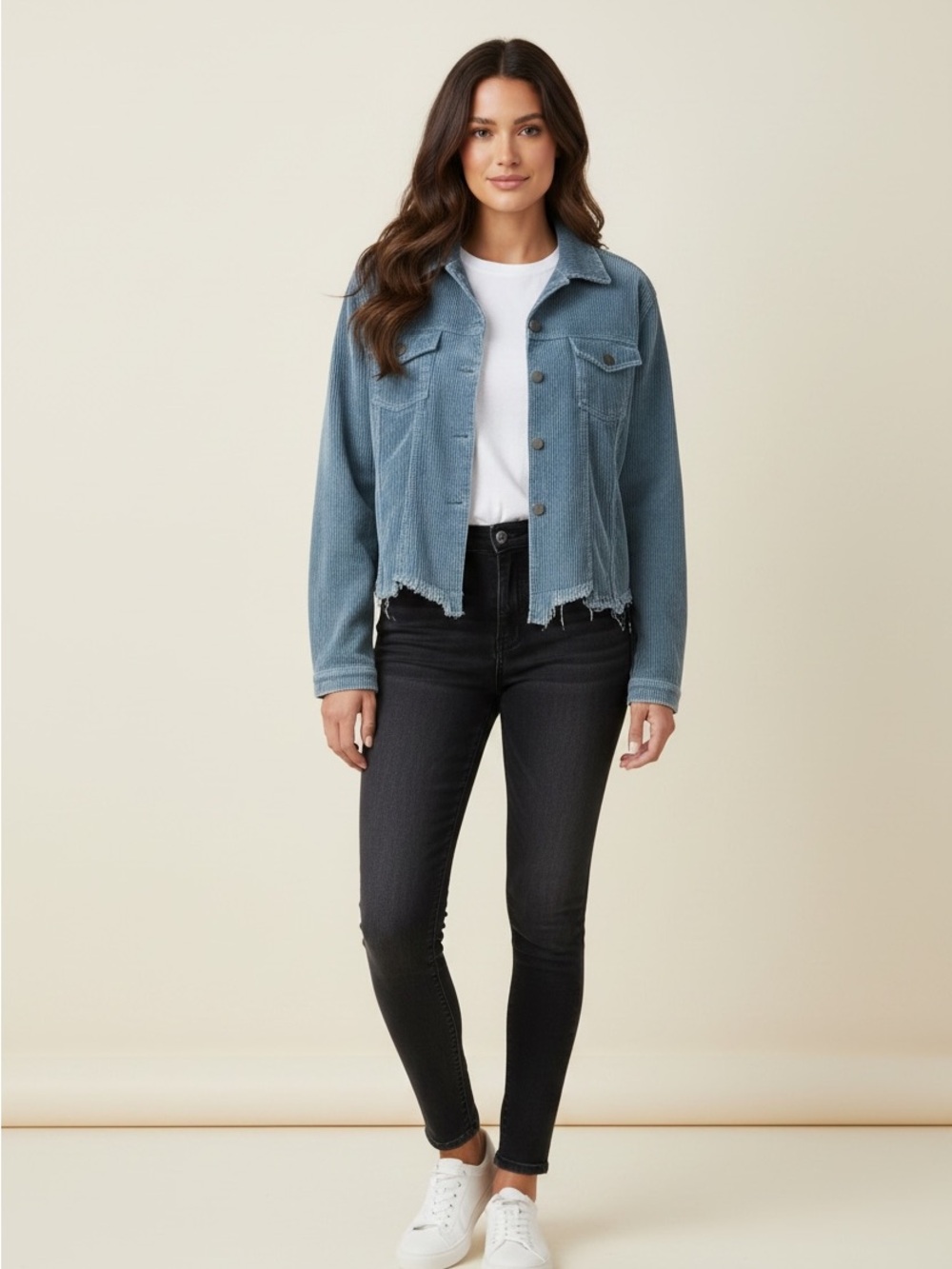 POL Light Blue Cropped corduroy Trucker Jacket Raw Edge M
